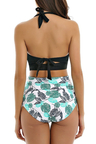 Green leaf printed high waist bikini