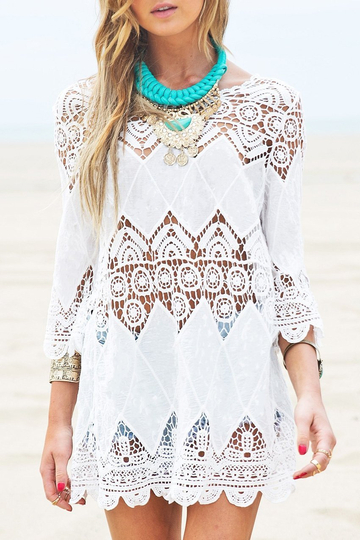 White Hollow Out Crochet Tunic Cover Up