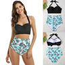 Green leaf printed high waist bikini