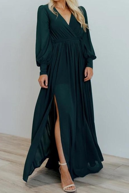 v neck long sleeve belted maxi dress