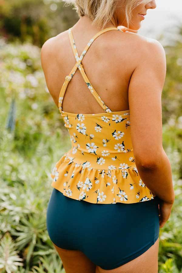 PEPLUM TANKINI TOP IN MUSTARD DAISY