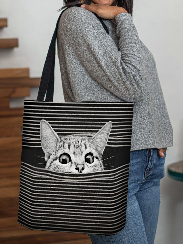 Women Felt Cat Stripe Pattern Printing Handbag Shoulder Bag Tote