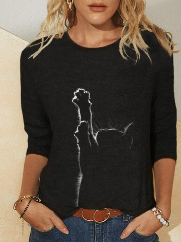 Cat Print Long Sleeves O-neck Casual T-shirt For Women