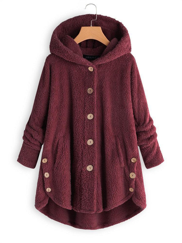 Fleece Hooded Asymmetrical Hem Button Coat