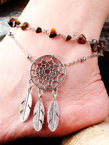 Natural malachite hollowed-out dream catcher feather ankle chain