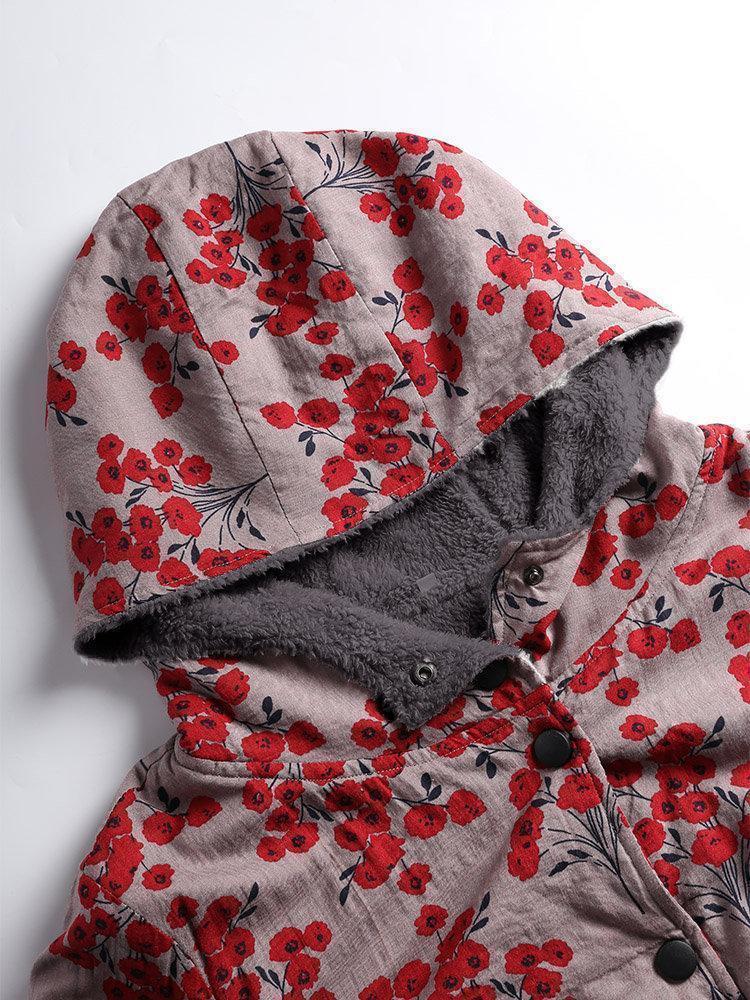 Casual Floral Pockets Long Sleeve Zipper Coat