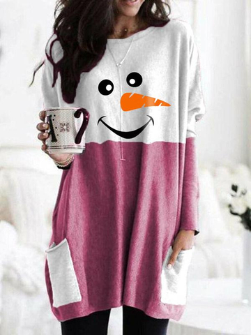 Cozy Christmas Snowman Face Long Shirt
