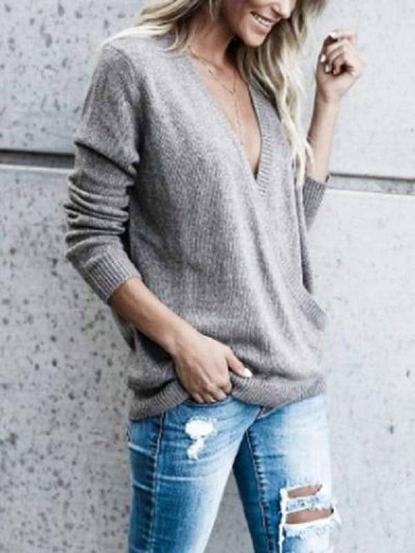 V Neck  Rib Knit Cuffs  Plain Sweaters