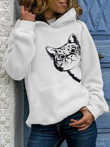 Cat Print Long Sleeve Pocket Casual Hoodie For Women