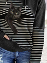 BLACK CAT PRINT PATCHWORK STRIPED LONG SLEEVE HOODED SWEATSHIRT