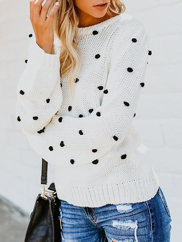 Pom-Pom Trim Polka Dots Pullover Sweater