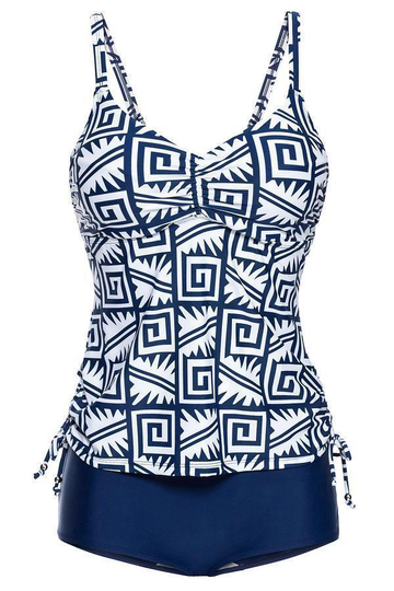 Geometric Print Cutout Blue Tankini Set