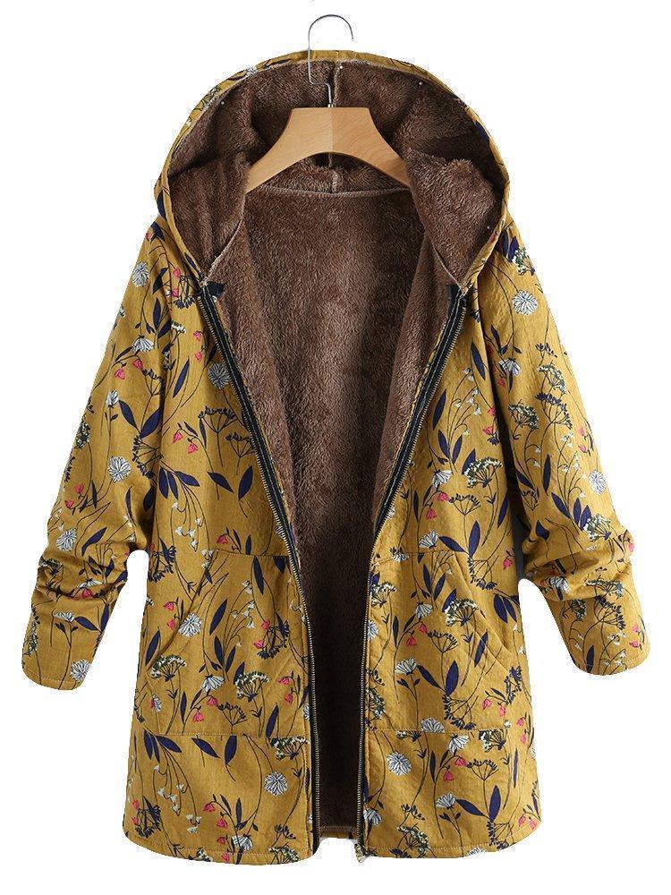 Floral Print Hooded Long Sleeve Pockets Vintage Coat