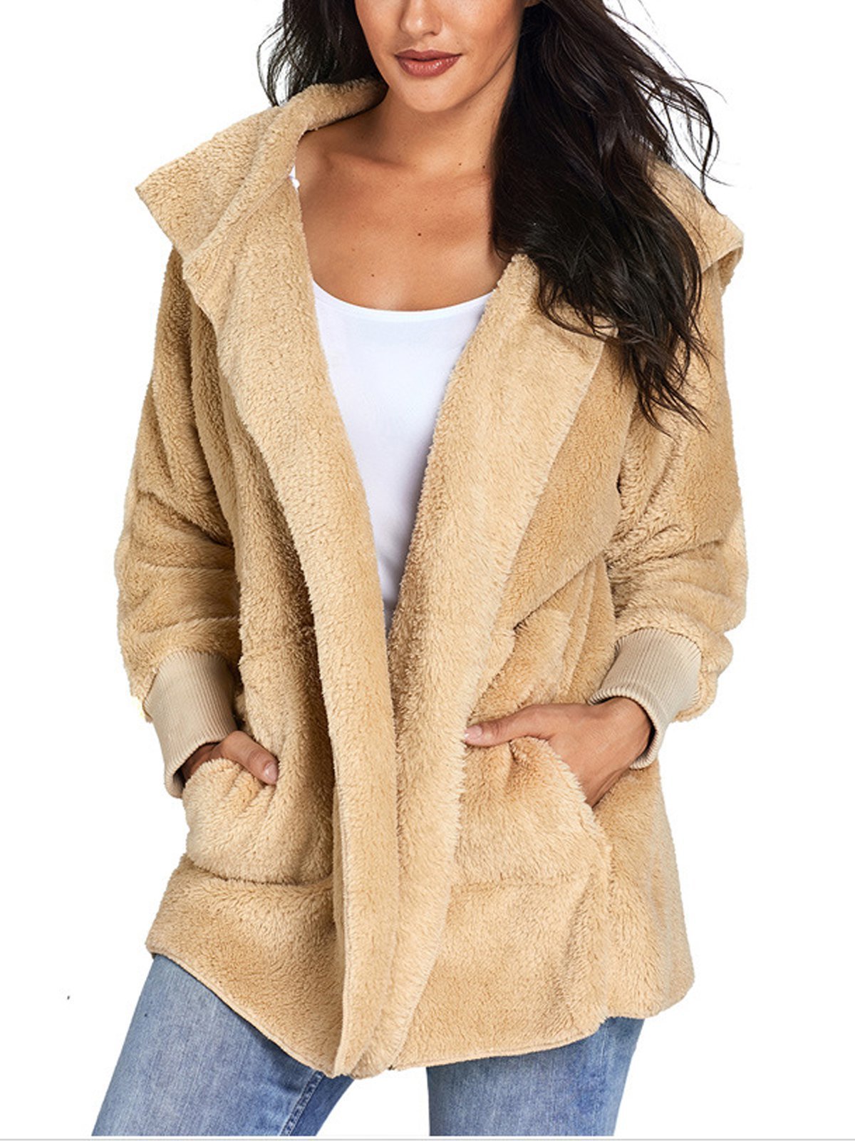 Multicolor Hoodie Solid Wool Pocket Loose Women Coat