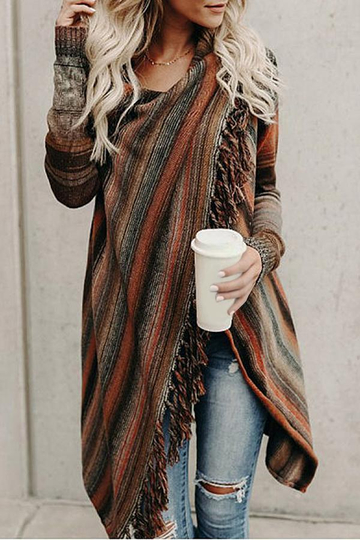 Tassels Long Sleeve Colorful Striped Sweater