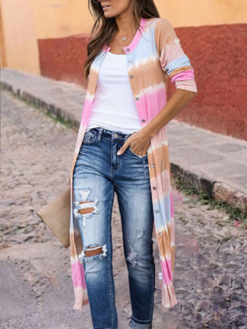 Women's Tie-dye Color Stripe Printed Long-sleeved Cardigan Top