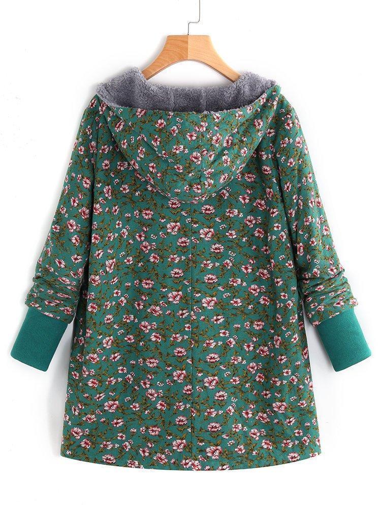 Floral Printed Hooded Long Sleeve Fleece Coat