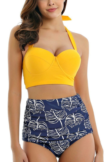 Lace-up printed high waist bikini set
