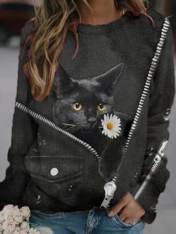 Black Cat Flower Print Long Sleeves O-neck Casual Sweatshirt For Women