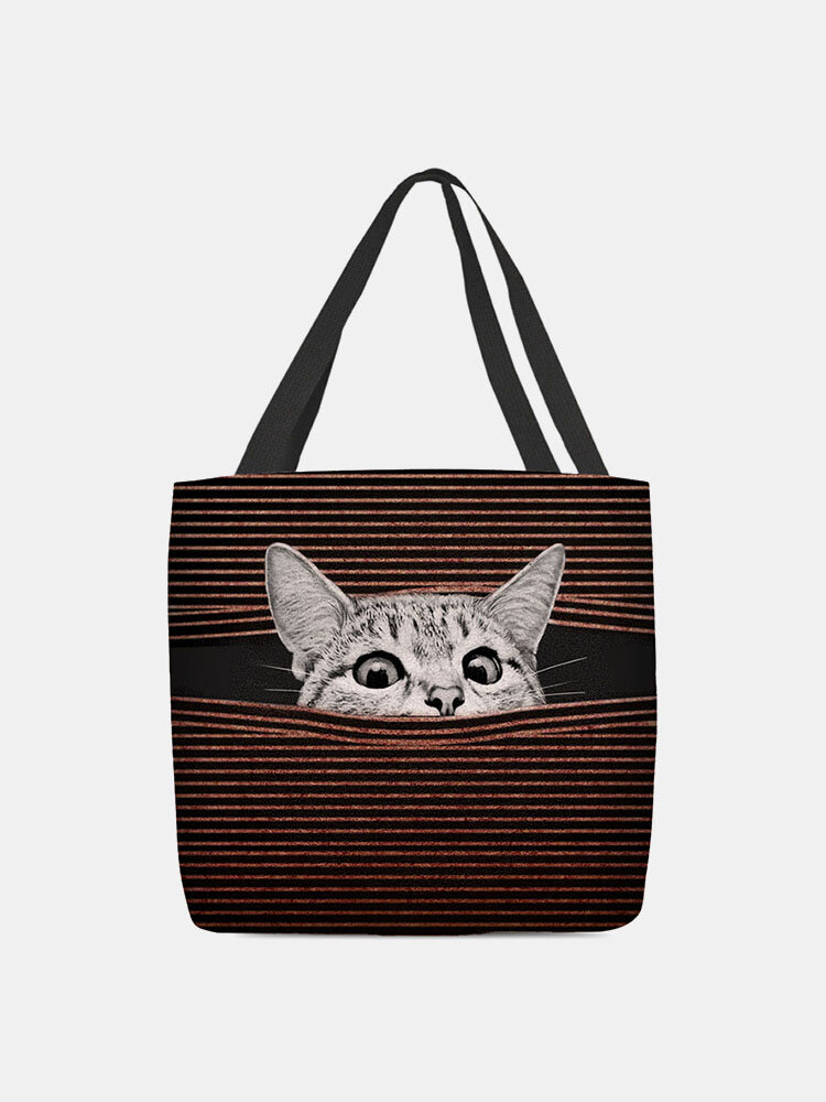 Women Felt Cat Stripe Pattern Printing Handbag Shoulder Bag Tote