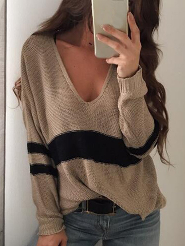 Contrast Color V-neck Long Sleeve Casual Sweater