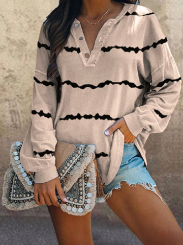 Striped Printed V-neck Buttoned Long-sleeved T-shirt