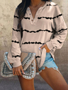 Striped Printed V-neck Buttoned Long-sleeved T-shirt