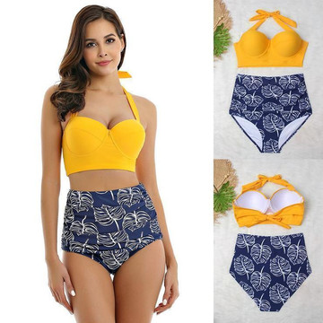 Lace-up printed high waist bikini set