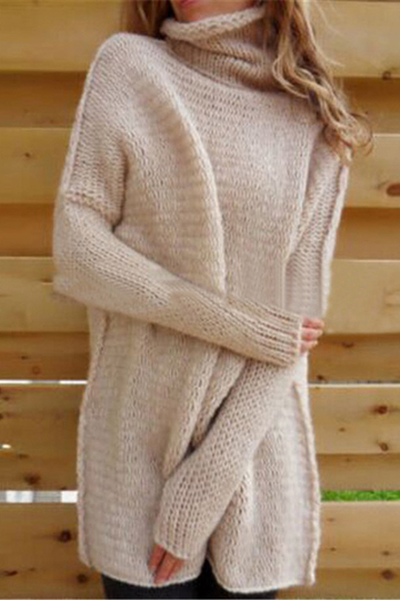 Fashion Women's Oversized Plain High Neck Long Sleeve Tunic Sweater