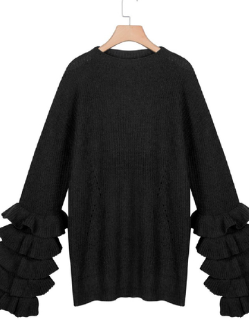 Autumn Fashion Petal Sleeve Casual Solid Color Knitted Sweater