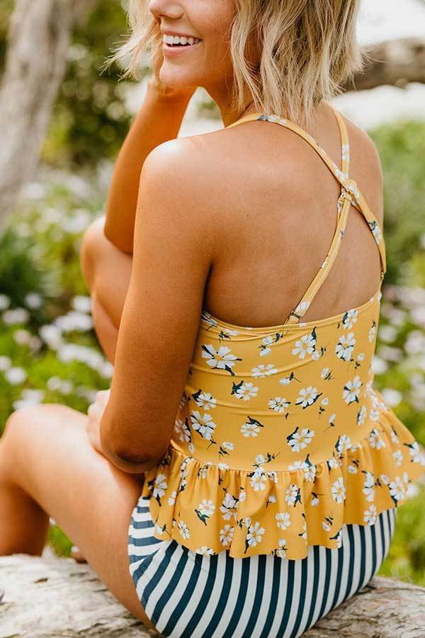 PEPLUM TANKINI TOP IN MUSTARD DAISY