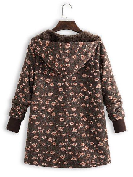 Floral Printed Hooded Long Sleeve Fleece Coat