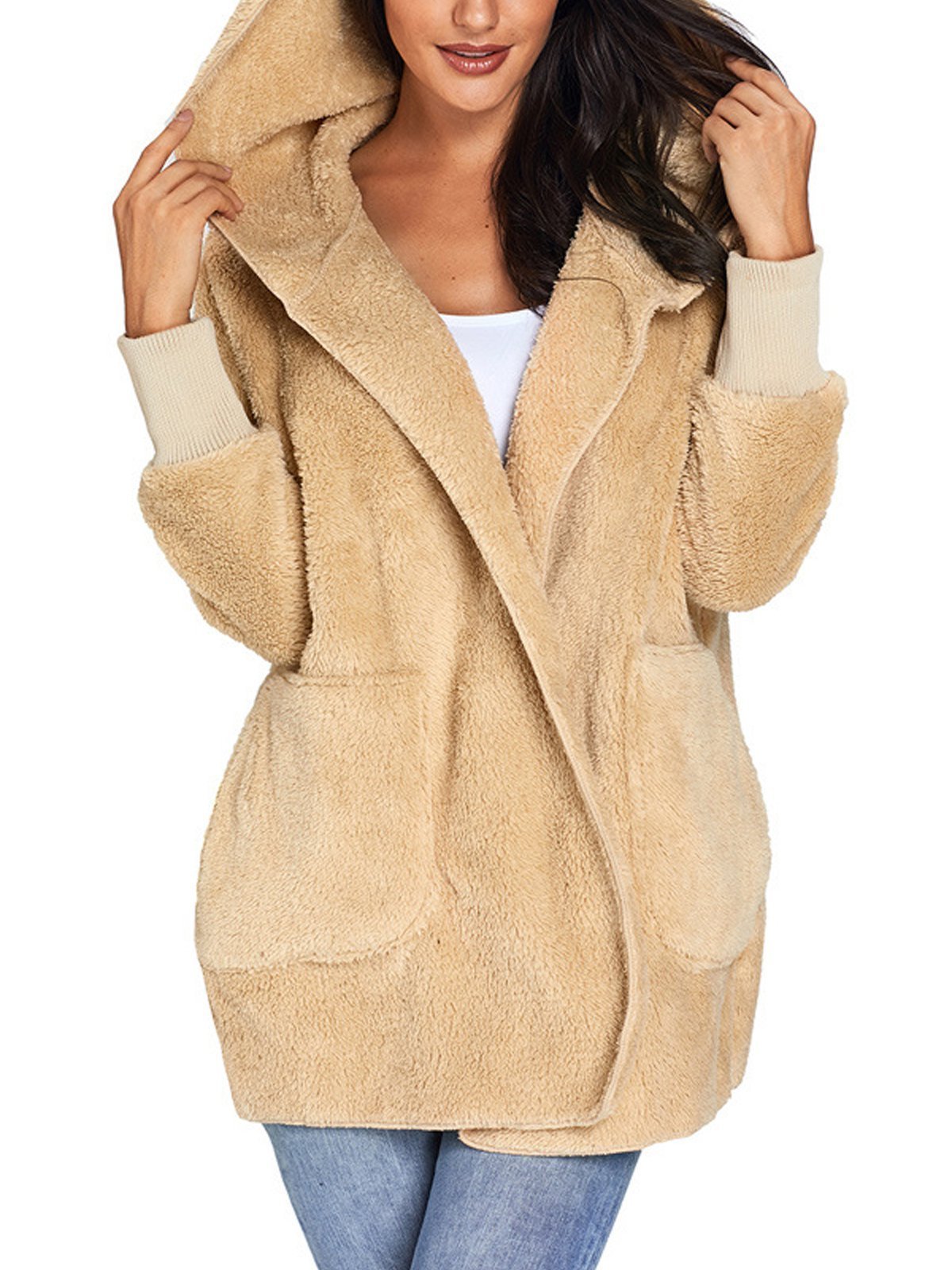 Multicolor Hoodie Solid Wool Pocket Loose Women Coat
