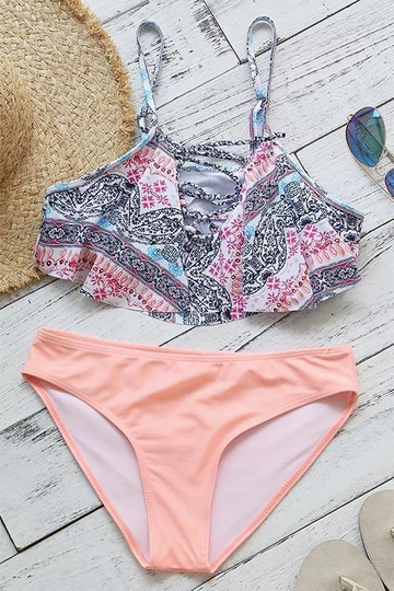 Bohemian Lace-up Printing Bikini