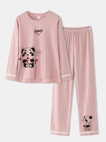 Women Cotton Ribbed Cartoon Cat Letter Printed Round Neck  Long Sleepwear Sets