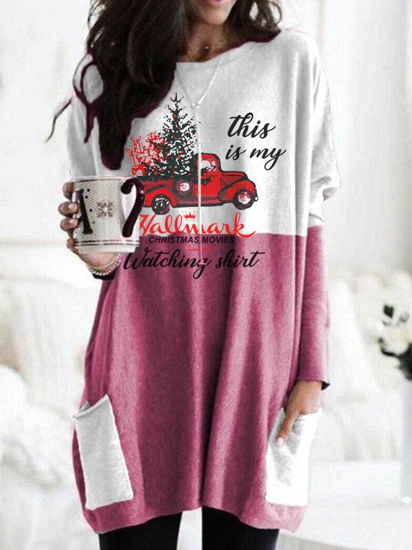Women's Christmas Hallmark stitching pocket knit top