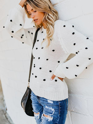 Pom-Pom Trim Polka Dots Pullover Sweater