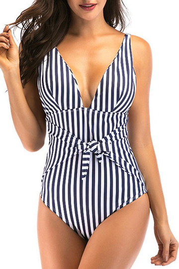 Knot Front Stripe One Piece Swimwear