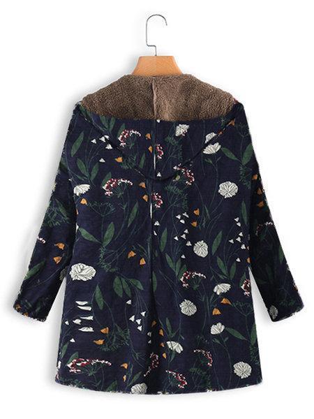 Floral Print Hooded Long Sleeve Pockets Vintage Coat