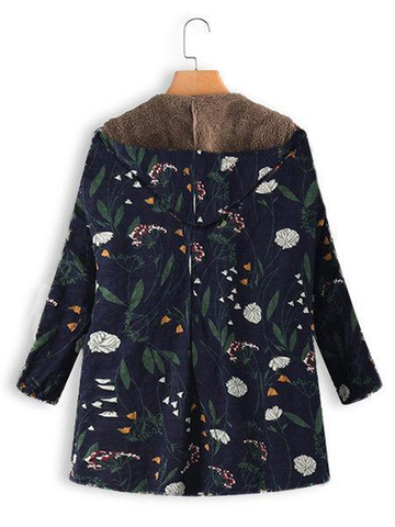 Floral Print Hooded Long Sleeve Pockets Vintage Coat