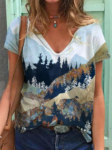 Ladies Mountain Treetop Print V-Neck T-Shirt