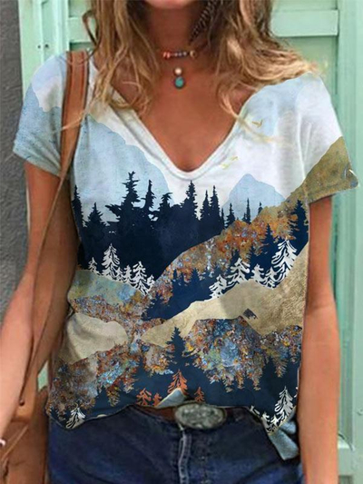 ladies mountain treetop print hooded sweatshirt