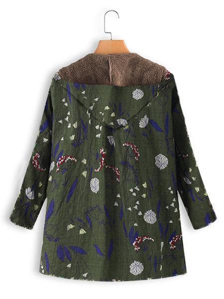 Floral Print Hooded Long Sleeve Pockets Vintage Coat
