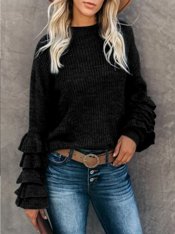 Autumn Fashion Petal Sleeve Casual Solid Color Knitted Sweater