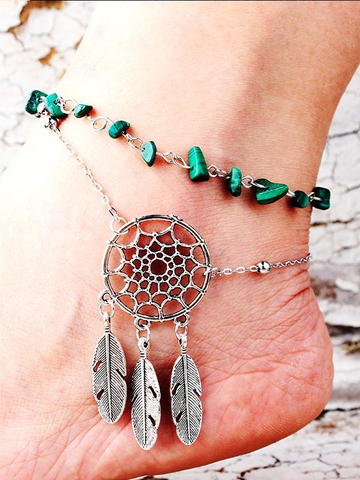 Natural malachite hollowed-out dream catcher feather ankle chain