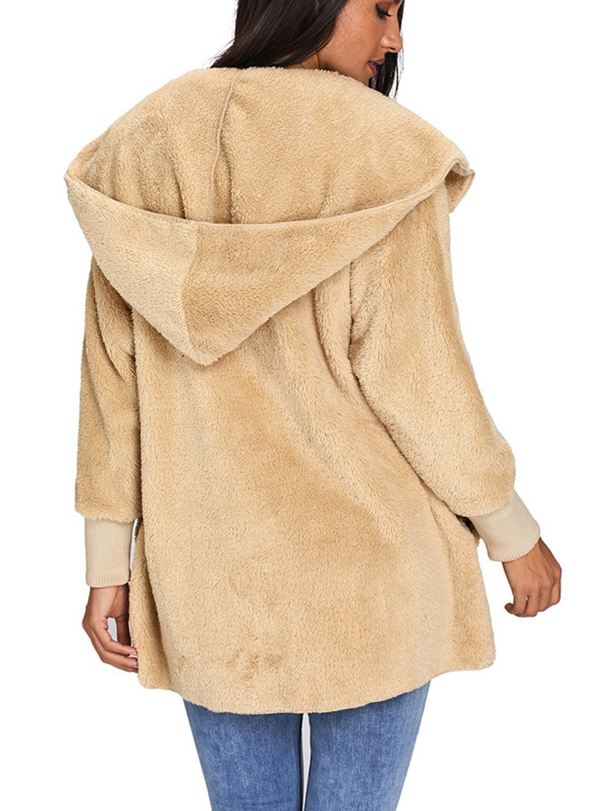 Multicolor Hoodie Solid Wool Pocket Loose Women Coat