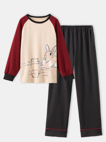 Women Cute Rabbit Print Cotton Round Neck Long Pajamas Sets