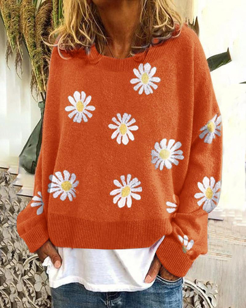 Sweet Daisy Pattern Round Neck Casual Sweater