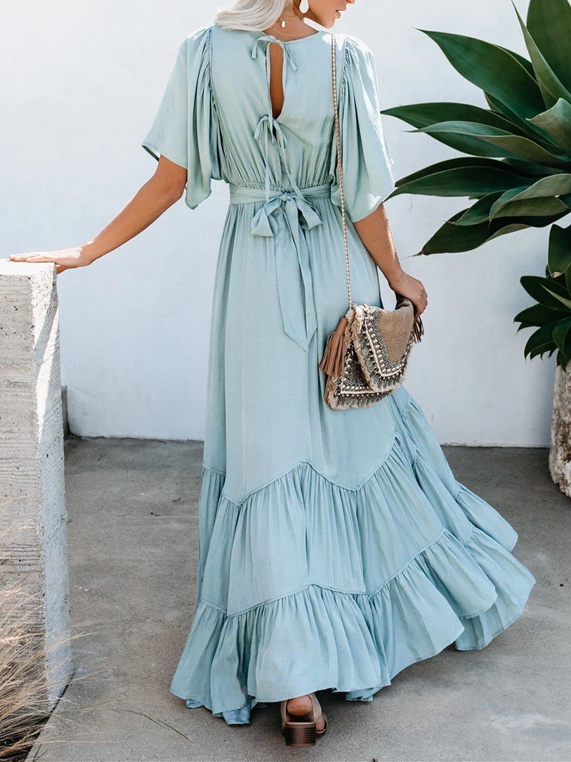 floor length half sleeve v neck maxi dress