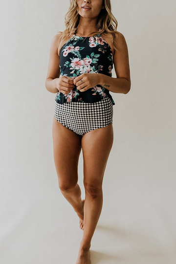 Rose Print with Plaid Tankini Set